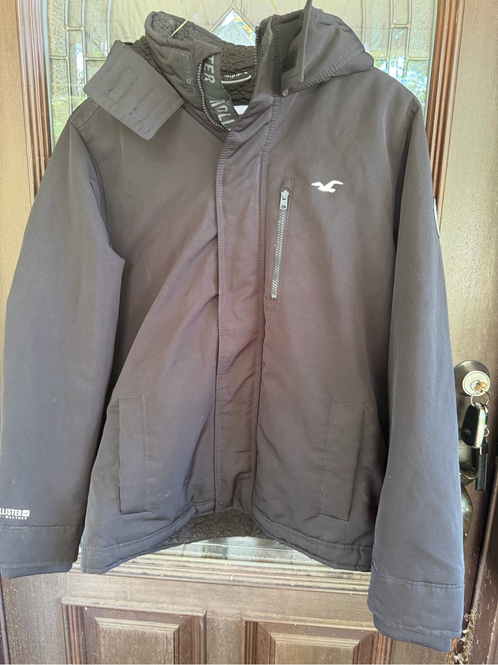 Hollister Men's Black Hooded Puffer Coat with Zip Chest Pocket